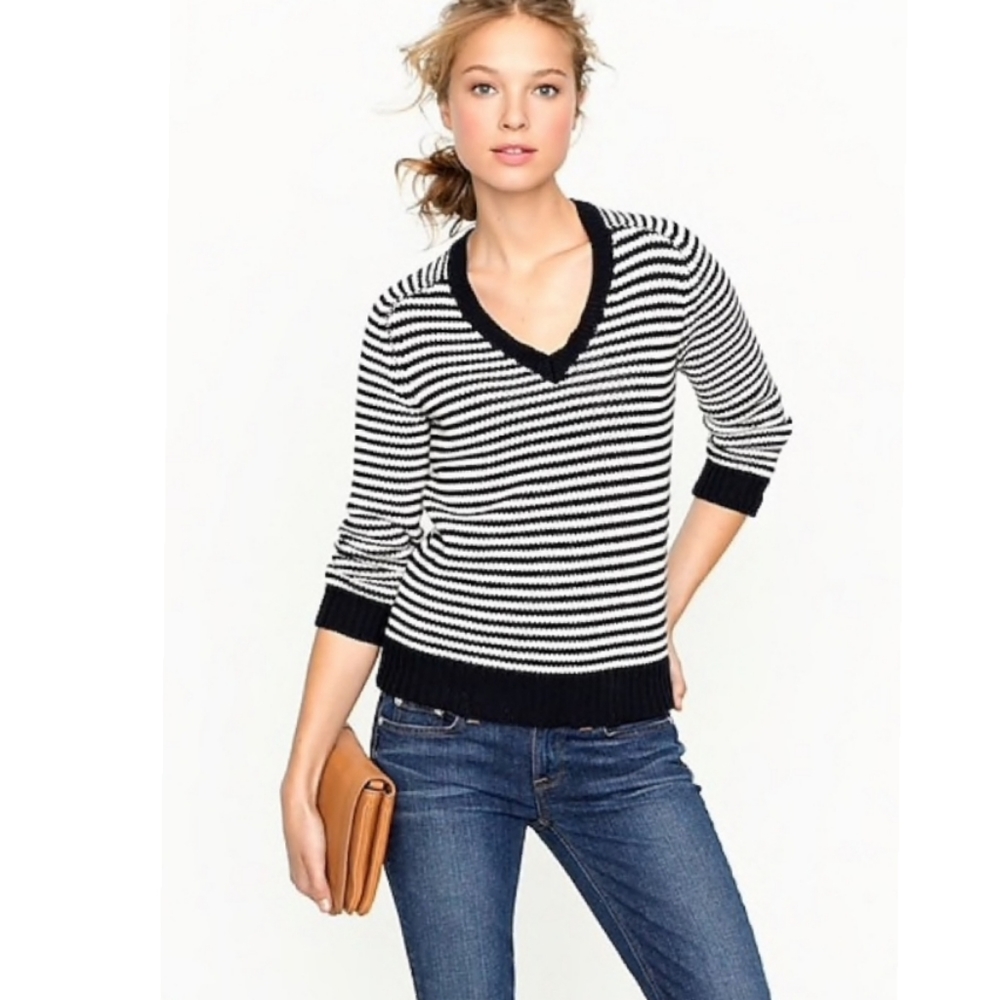 J CREW V Neck Sailor Striped Cotton Sweater